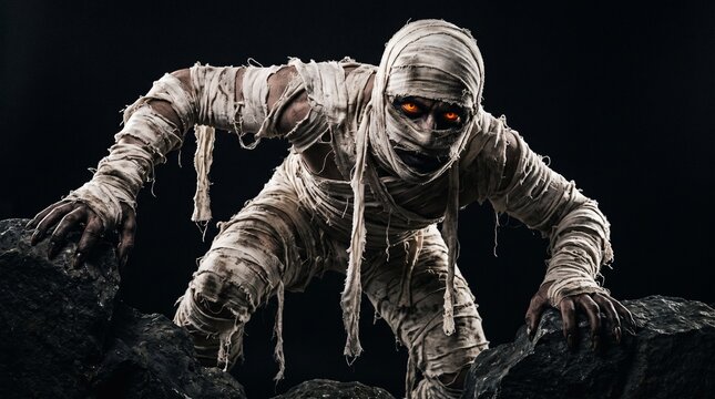 Studio shot portrait  of young man in costume  dressed as a halloween  cosplay of scary mummy pose like a clamber acting on isolated black background