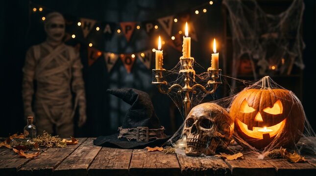 Halloween Still Life Colorful Theme: Scary Decorated Dark Room with Table Covered in Spider Webs, Burning Pumpkin, Candlestick, Witch's Hat and Skeleton. In Background Silhouette of Monster Walking By
