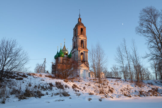 View of the ancient Church of the Saviour of the Uncreated Image on a January evening. Rybnitsy, Yaroslavl region