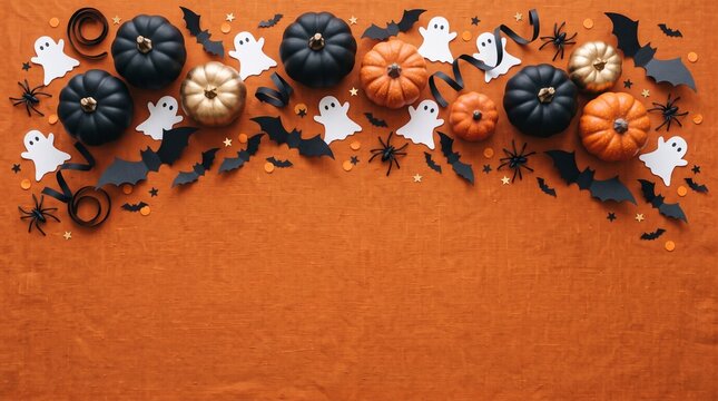 Halloween holiday card with party decorations of pumpkins, bats, spiders, ghosts on orange background top view. Happy halloween greeting poster in flat lay style.