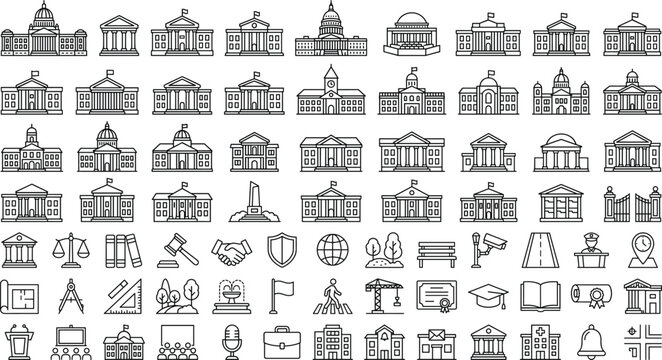 Government and public institution line icons set. Outline vector collection featuring parliament buildings, courthouses, city halls, civic services, justice, administration and governance symbols