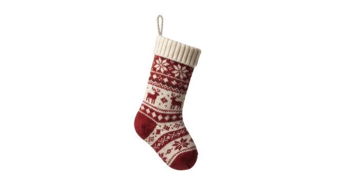 Traditional knitted Christmas stocking with nordic snowflake pattern