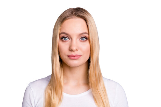Close up photo beautiful amazing her she lady pretty optimistic sincere self-confident easy-going great mood ideal perfect appearance wear casual white t-shirt isolated dark grey background