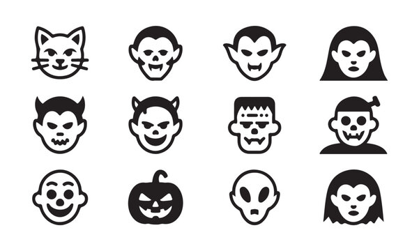 Halloween character face icons featuring vampire frankenstein cat and devil for mobile apps and sticker sets.