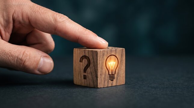 Hand touching wooden cube with question mark and glowing lightbulb representing ideas and problem solving