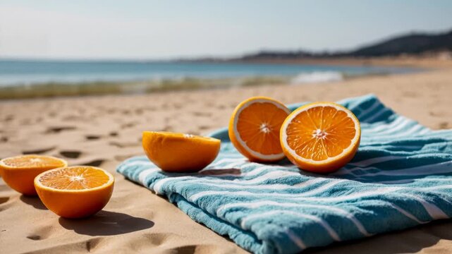 Exotic fruit orange in splashing water on summer sand sea ocean vacation background AI Generative