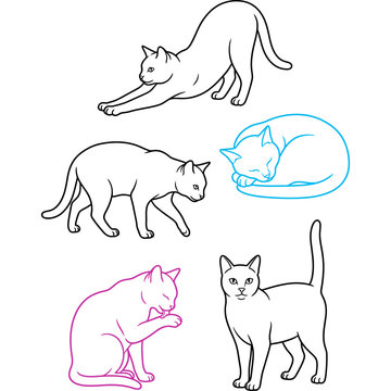 Five line drawings of cats in various poses with different colors and styles on a white background