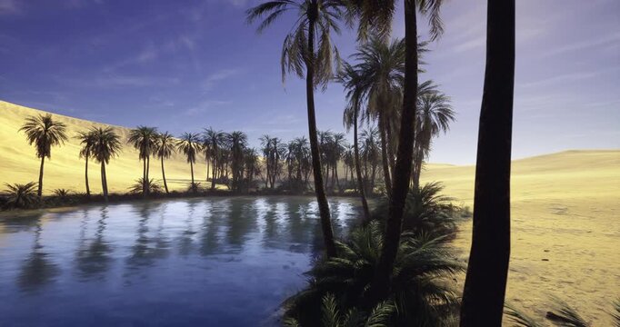 Palmlined reflective lake under wide sky, soft ripples, golden sand edge, intimate atmosphere, serene getaway ideal for mindfulness and slow travel