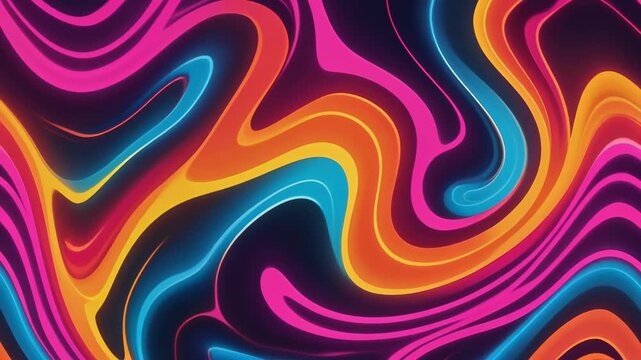 Vibrant abstract liquid swirls in neon pink blue yellow motion loop