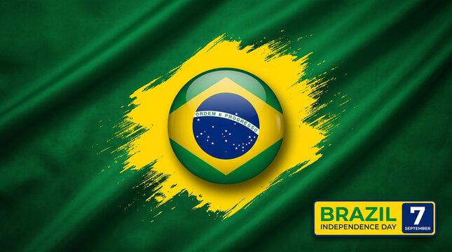 Brazil Independence Day celebration banner, Brazilian flag with glossy badge, national holiday background for September 7
