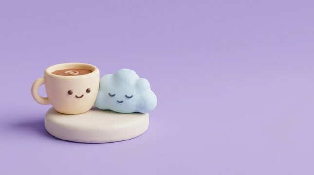 Workplace Wellbeing and Burnout Prevention, Cute coffee cup and smiling cloud on a pastel background.