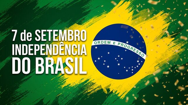 Brazil Independence Day celebration banner, 7 de Setembro patriotic background, Brazilian flag colors with golden confetti