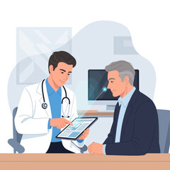 Fototapeta premium Doctor Explaining Medical Data On Tablet To Patient During Consultation
