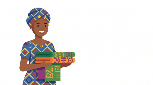 Smiling African woman wearing traditional headwrap and patterned dress holding a stack of colorful ethnic textiles on white background