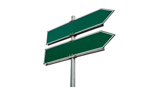 Blank green metal directional road signpost with two arrows isolated on transparent background