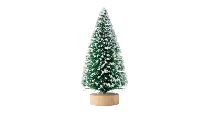 Small snowy artificial Christmas tree with wooden base