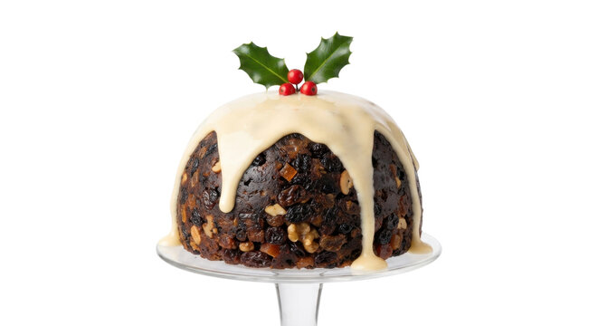 Traditional Christmas pudding with white custard and holly