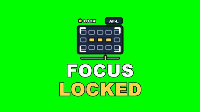 4K green screen FOCUS LOCKED animated text - AF points hunting until the lock lamp confirms, kinetic typography photography and camera overlay for creators and social media, chroma key