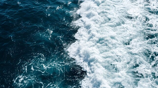 Aerial view of turquoise ocean water meeting white foamy waves near the shore