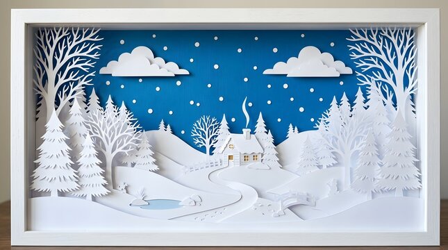 Intricate paper cut winter landscape with snow covered trees and a blue sky