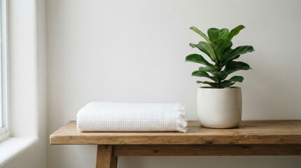 Fototapeta premium Minimalist Indoor Plant and White Towel on Wooden Shelf in Bright Natural Light