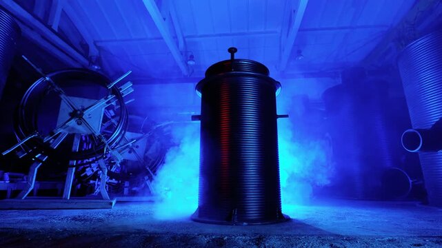 Tall ribbed corrugated metal cylinder stands on concrete floor inside warehouse, backlit by intense cobalt-blue light while dense ground fog rises around base and mid-height to create vivid rim