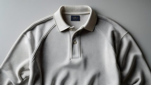 Minimalist light gray knit polo shirt flat lay fashion apparel
