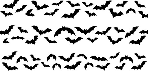Fototapeta premium Halloween Bats Silhouette Vector Border Set, Spooky Flying Bats Swarm Clipart, Horizontal Page Divider Cut File
