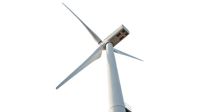 Modern white wind turbine generator model for clean renewable energy isolated on transparent background