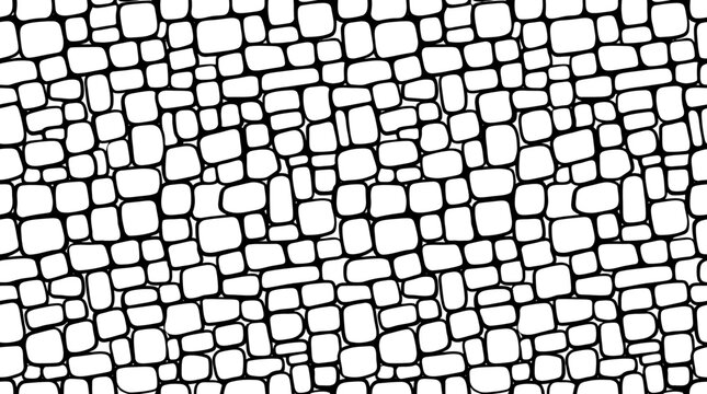 Seamless hand drawn cobblestone pattern featuring irregular stone shapes in a black and white vector illustration