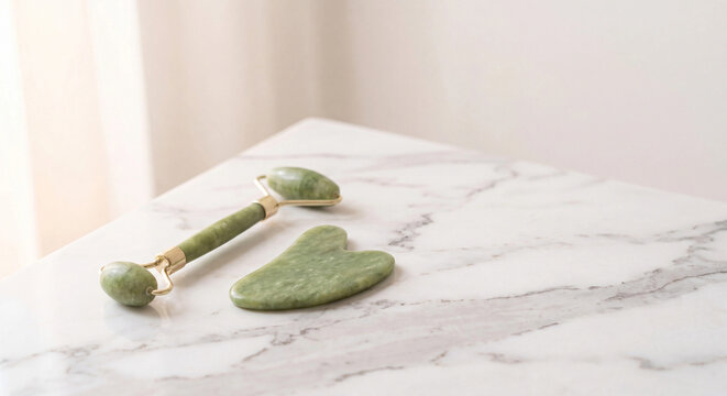 Facial roller tools photo with green stone massager on marble surface for skincare