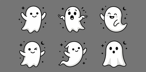 Fototapeta premium Cute Ghost Vector Set, Kawaii Halloween Spooky Character Clipart Collection, Friendly Sheet Ghost Icon Pack