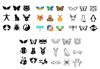Obraz premium Wildlife and nature design icons with animals, insects and plant seeds for environmental branding in doodle style