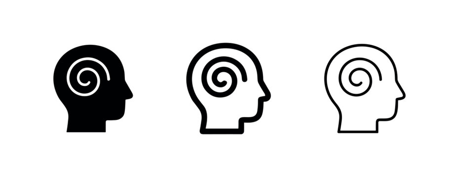 Hypnosis and Mental Confusion Icon Set with Human Head and Spiral