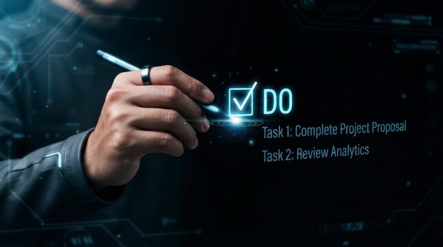 Hand Using Stylus to Interact with Digital Checklist on Futuristic Screen in Modern Business Environment