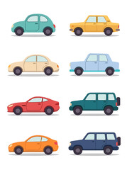 Fototapeta premium Set of colorful flat vector car icons representing various vehicle types including sedans suvs and compact models