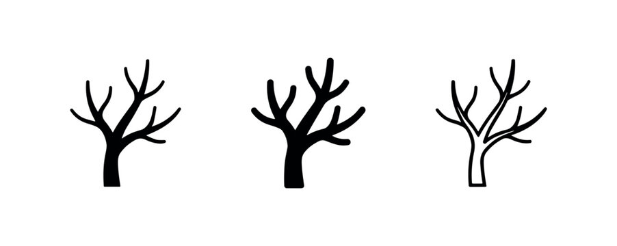 Bare tree icons set. Leafless forest plant symbol in various styles. Winter or autumn tree vector.
