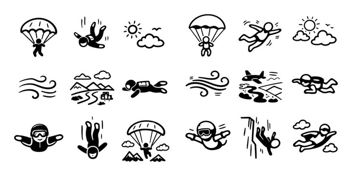 Extreme air tourism and sky adventure icon set with parachute jump free fall and wind flow for presentation design in doodle style