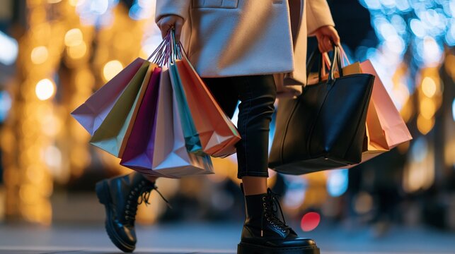 Woman walking with shopping bags. On black friday sale