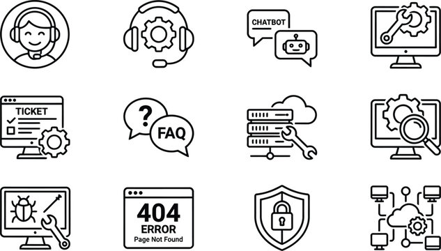 Set of technical support and customer service icons, including chatbot, faq, ticketing system, server maintenance, and security shield