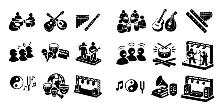 Music and folk festivals design icons with drum circles rhythm patterns and stage setup for mobile app use in black and white vector art