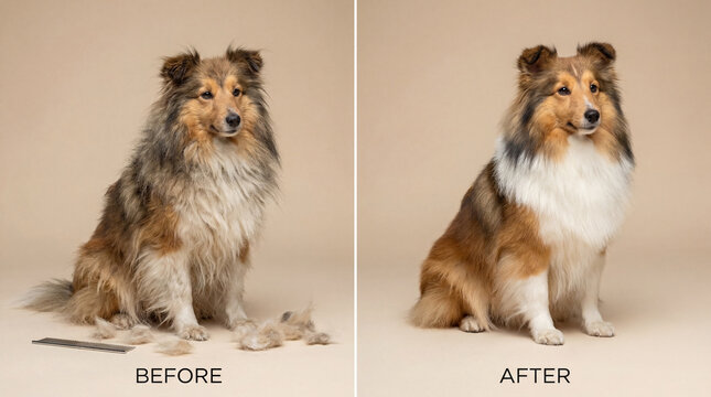 Dog grooming in veterinary clinic, realistic animal lifestyle scene exploring animal behavior, responsible care, companionship, wellbeing, humane values, education, modern lifestyle