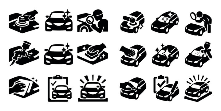 Car body repair and surface finishing icon set with polish surface smooth gloss and final inspection for presentation in flat vector look style
