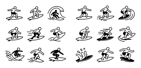Fototapeta premium Surfing and action icon set with balance stance board glide and wave ride for web design in minimalist style