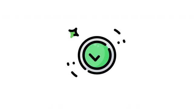 Animated verified checkmark icon with a green circle design suitable for digital verification purposes. Sparkling accents and lines add a modern touch.