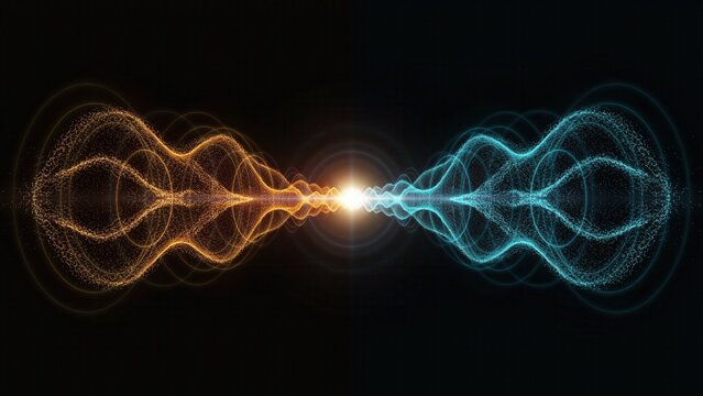 Vibrating orange and blue particle waves flow into a bright central light. This visualizes energy, sound, or data transfer concepts.