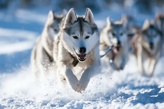Siberian husky harnessed to sled team running through snowy landscape  