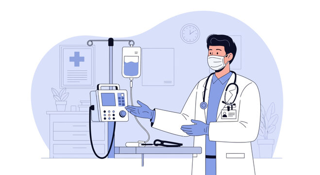 Medical Professional Explaining Infusion Device in Modern Hospital Environment Illustration