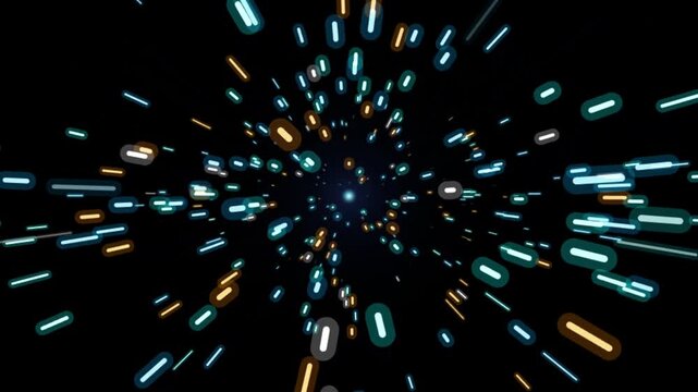 Abstract digital particles exploding in colorful glowing light pattern design