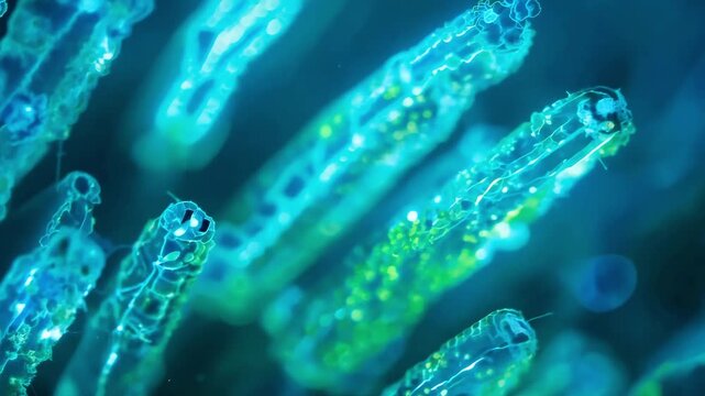 Glowing blue microscopic organisms and bacteria under magnification, scientific biology visualization, medical microbiology, luminous cell structures, healthcare.